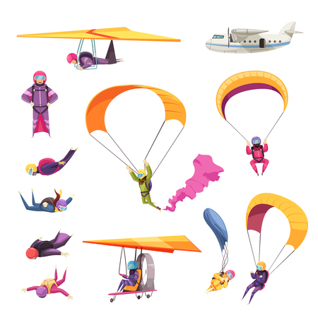 Skydiving extreme sport elements flat icons collection with parachute jump free fall airplane glider isolated vector illustrationのイラスト素材