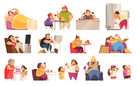 Gluttony icons set with obsessive eating symbols flat isolated vector illustrationのイラスト素材