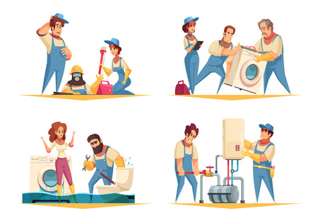 Plumber work concept 4 flat cartoon compositions with flooded home fixing boiler washing machine installation vector illustrationのイラスト素材
