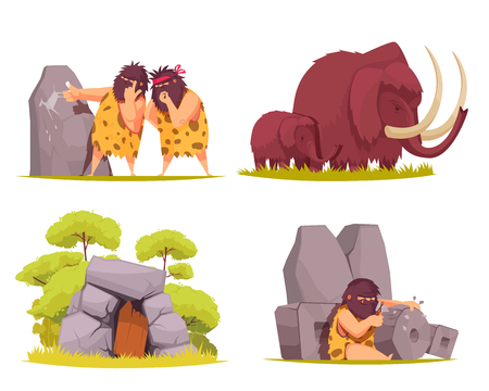 Caveman 2x2 design concept set of primitive men dressed in animal pelt busy with everyday worries cartoon vector illustrationのイラスト素材