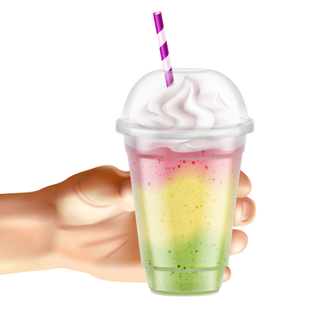 Transparent plastic glass with fruit cocktail in hand realistic vector illustrationのイラスト素材