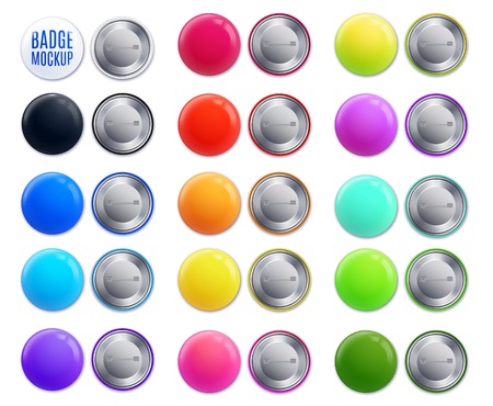Isolated realistic mockup badge colorful icon set with place for text and multicolored front side vector illustrationのイラスト素材