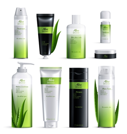 Realistic colored organic cosmetics ingredients design icon set isolated tubes with logo vector illustrationのイラスト素材