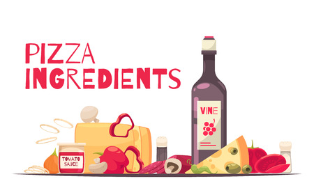 Colored and flat pizza composition with pizza ingredients headline and bottle of wine vector illustrationのイラスト素材