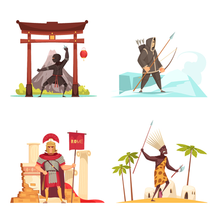 Ancient warriors concept icons set with national weapons flat vector illustrationのイラスト素材