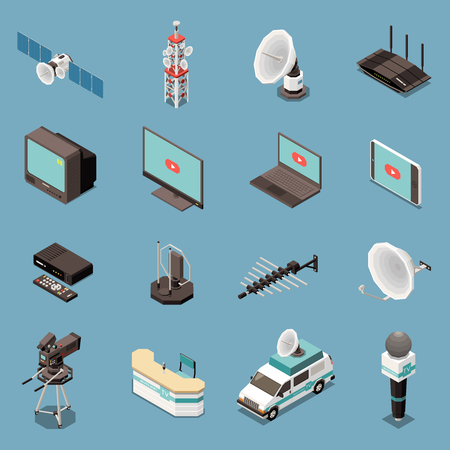 Isometric set of icons with various telecommunication equipment and devices isolated on blue background 3d vector illustrationのイラスト素材