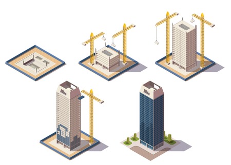 City skyscrapers isometric composition with isolated images of construction site representing different stages of construction process vector illustrationのイラスト素材