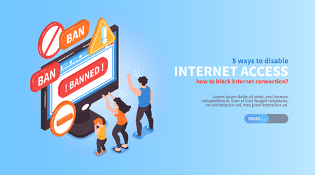 Isometric banned website horizontal banner composition with editable text more button and conceptual composition of images vector illustrationのイラスト素材