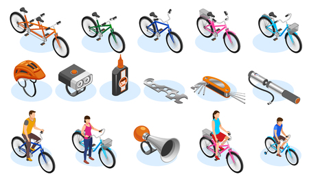 Bicycle isometric icons set with tools accessories and different types of bicycles vector illustrationのイラスト素材