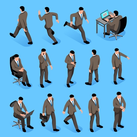 Men poses isometric icons set with male characters in business suits going to job and sitting at work place isolated vector illustrationのイラスト素材