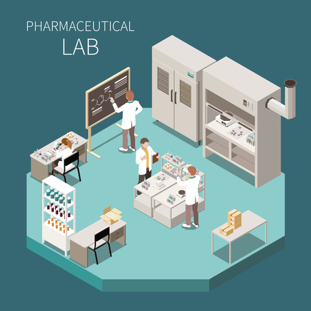 Pharmaceutical production isometric composition with pharmaceutical lab headline and three scientist in the lab vector illustrationのイラスト素材