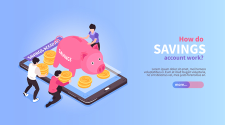 Isometric online mobile banking horizontal banner composition with images of pig shaped still bank and smartphone vector illustrationのイラスト素材