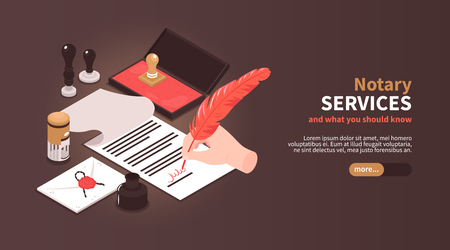 Isometric notary services horizontal banner with vintage workspace elements stamps and editable text with slider button vector illustrationのイラスト素材
