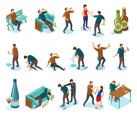 Alcoholism dependance features symptoms people isometric icons set with wine bottles drinking domestic violence nausea vector illustrationのイラスト素材
