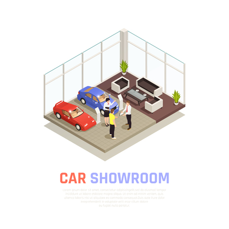 Car dealership concept with car purchase  symbols isometric vector illustrationのイラスト素材