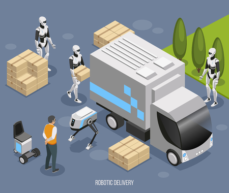 Robotic delivery system isometric composition with cute fully automated humanoids loading and unloading unmanned truck vector illustrationのイラスト素材