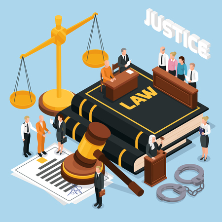 Law justice jury trial legal court proceedings isometric composition with gavel balance defendant judge police vector illustration のイラスト素材