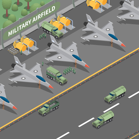 Military airfield isometric composition representing landing cargo airplanes fuel tanks trucks and soldier vector illustrationのイラスト素材
