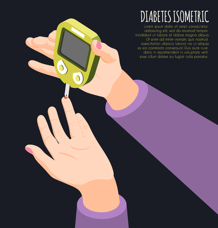 Diabetes diagnostics isometric background with human hand holding meter measures blood sugar level vector illustration のイラスト素材