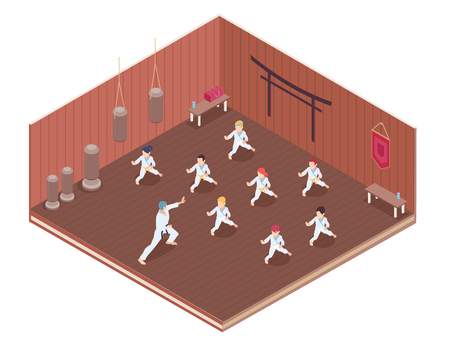 Group of children having martial arts classes in gym 3d isometric vector illustrationのイラスト素材