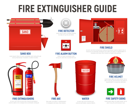 Realistic fire extinguisher guide with editable text captions and isolated images of various fire fighting appliances vector illustrationのイラスト素材