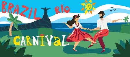 Brazil carnival horizontal banner with dancers in national costumes outdoor with christ statue in background vector illustrationのイラスト素材
