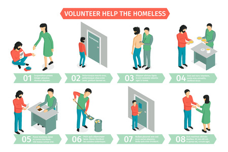 Isometric charity horizontal composition with infographic images of people during extracurricular activities with editable text captions vector illustrationのイラスト素材
