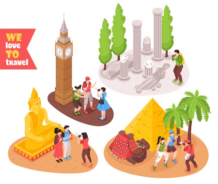 Travel journey concept 4 isometric compositions with tourists visiting Egypt pyramidsのイラスト素材