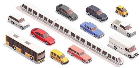 Transport isometric icons set with bus car train van isolated on whiteのイラスト素材