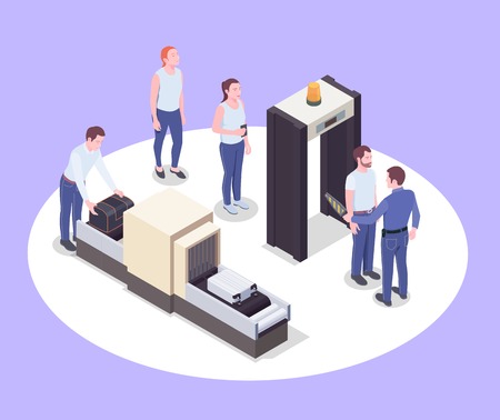Airport isometric composition with images of scanner devices human characters of passengers and their personal belongings vector illustrationのイラスト素材