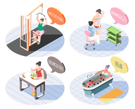 Women health 2x2 design concept set of back stretching  balanced diet relaxのイラスト素材