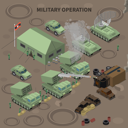 Military operation isometric composition with  tent for soldiers radar installation and rocket launchersのイラスト素材