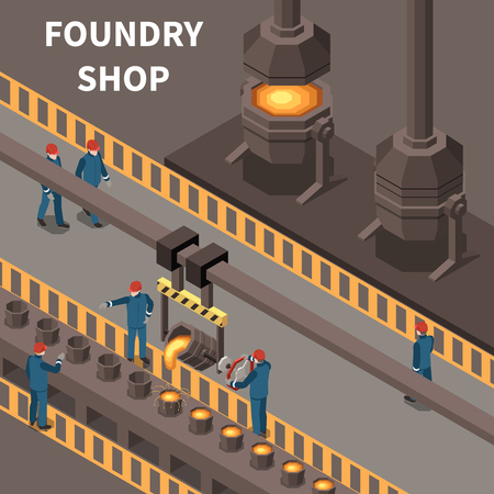Isometric composition with foundry workers and metal industry equipment 3d vector illustrationのイラスト素材