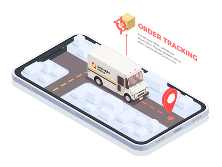 Delivery logistics shipment isometric conceptual composition with smartphone screen and delivery truck with parcels and text vector illustrationのイラスト素材