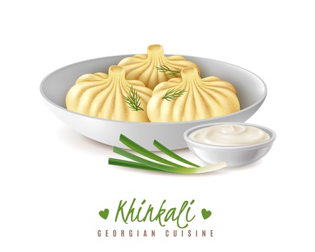 Realistic meat gourmet food khinkali composition with view of traditional georgian cuisine dish served in plate vector illustrationのイラスト素材
