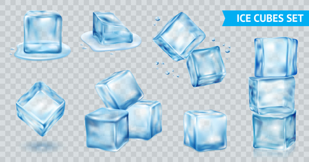 Blue ice cube transparent realistic set isolated vector illustrationのイラスト素材