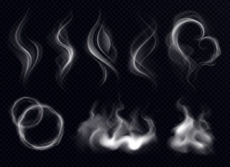 Steam smoke with ring and swirl shape realistic set white on dark transparent background isolated vector illustration のイラスト素材