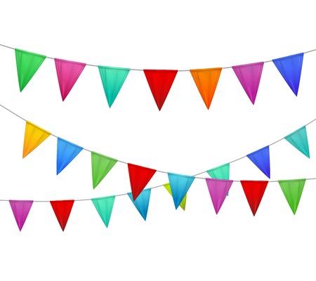 Decorative colorful party slingers pennants red blue yellow orange pink against white background realistic image vector illustration のイラスト素材