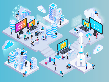 Cloud services isometric composition with conceptual images of network elements storage capsules and small human characters vector illustrationのイラスト素材