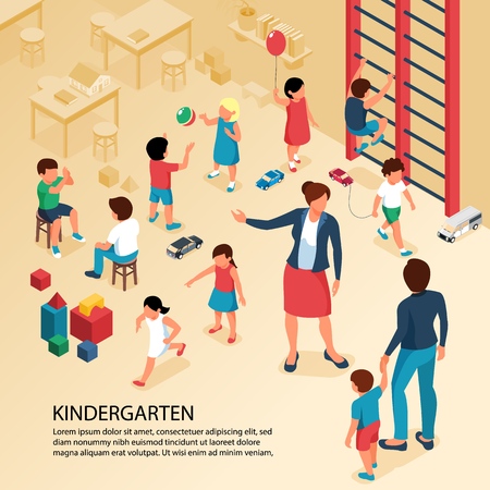 First day kindergarten activities isometric composition with teacher parent with child playing kids poster text vector illustration  のイラスト素材