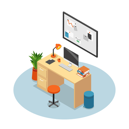 Isolated and isometric office composition workplace with desk monitor chair and table vector illustrationのイラスト素材