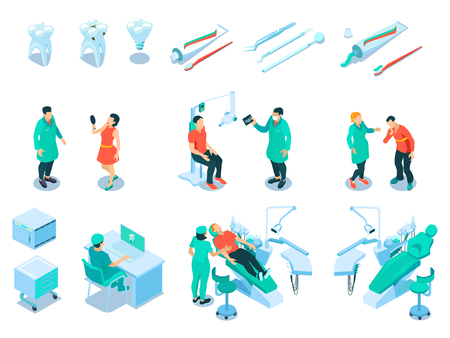 Isometric dental care set with dentist and healthcare symbols isolated vector illustrationのイラスト素材