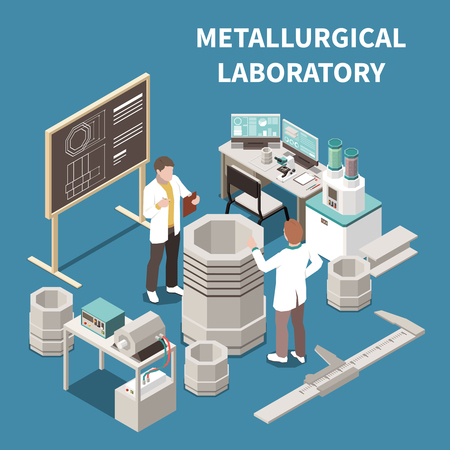 Metal industry isometric composition with two people in metallurgical laboratory 3d vector illustrationのイラスト素材