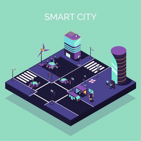 Isometric smart city composition with view of futuristic street with modern buildings and electric cars vehicles vector illustrationのイラスト素材