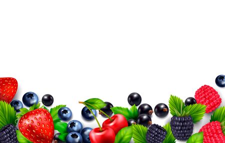 Berry fruit realistic background with blank empty space and colourful frame with leaves and berries images vector illustrationのイラスト素材