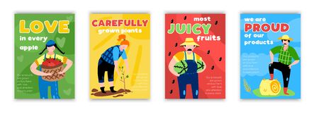 Set of four vertical eco farming posters with colourful hand drawn style pictures of happy farmers vector illustrationのイラスト素材
