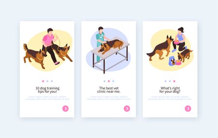 Isometric one day dog vertical banners with switch page buttons editable text animals and human characters vector illustrationのイラスト素材