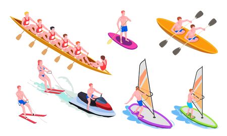 Isolated and isometric water sports icon set with diving windsurfing canoeing rowing snorkeling vector illustrationのイラスト素材