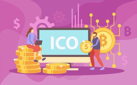 ICO initial coin offering flat composition with crypto currency investors sitting on bitcoins pile symbols vector illustration のイラスト素材