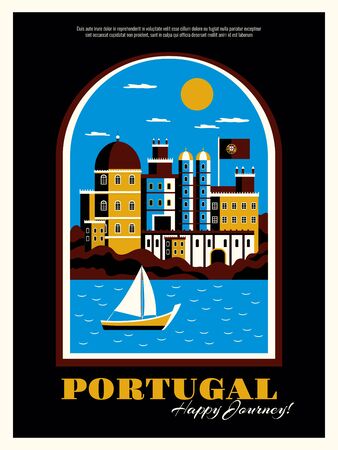 Portugal tourism poster with buildings ocean and boat symbols flat vector illustrationのイラスト素材